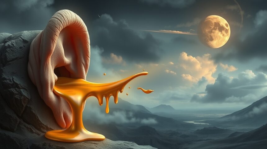Orecchio che perde cerume in un paesaggio onirico