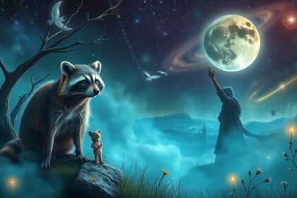 Procione e mago sotto un cielo stellato, simbolo di astuzia e segreti nei sogni.