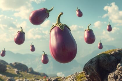 Melanzane fluttuanti in un paesaggio montano