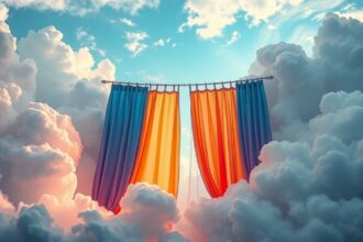 Tende colorate che si aprono tra le nuvole.