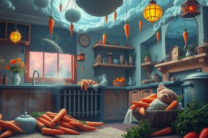 Cucina luminosa con carote e decorazioni floreali per un'atmosfera accogliente.