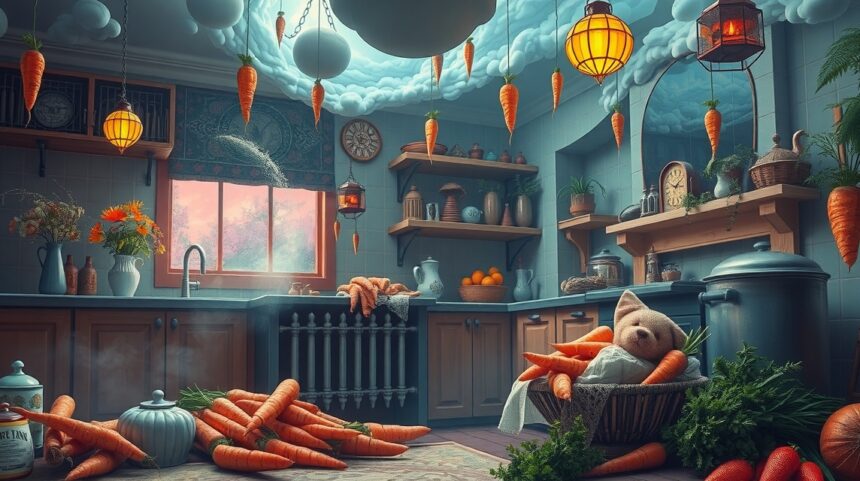 Cucina luminosa con carote e decorazioni floreali per un'atmosfera accogliente.