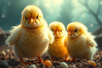 Tre pulcini gialli che simboleggiano tenerezza e nuovi inizi