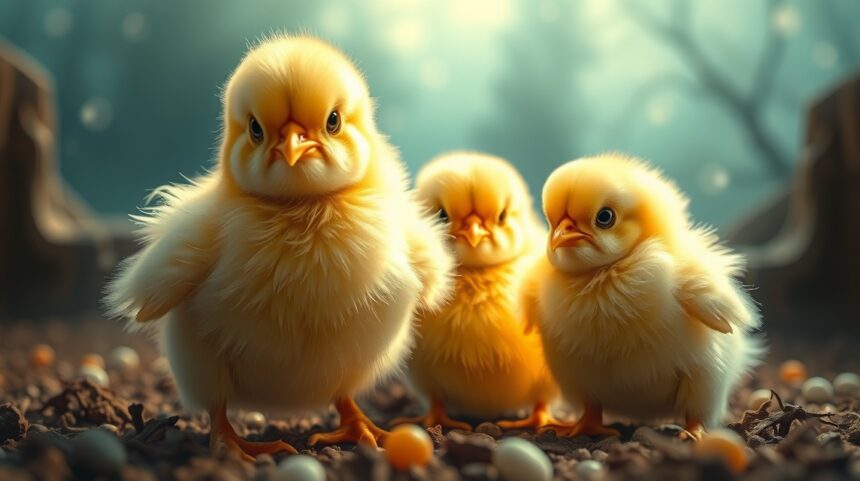 Tre pulcini gialli che simboleggiano tenerezza e nuovi inizi