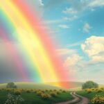 Arcobaleno luminoso sopra un campo verde con fiori gialli
