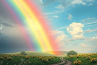 Arcobaleno luminoso sopra un campo verde con fiori gialli