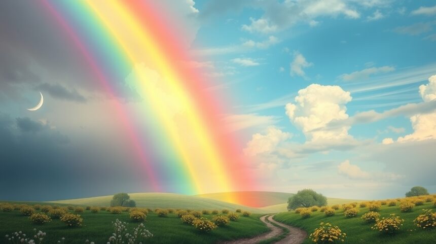 Arcobaleno luminoso sopra un campo verde con fiori gialli