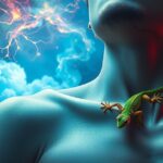 uomo con geco sul corpo in un'illustrazione simbolica