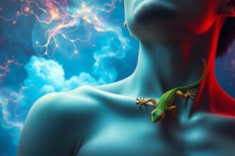 uomo con geco sul corpo in un'illustrazione simbolica