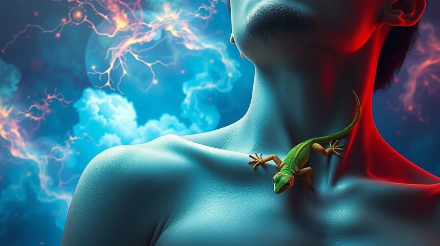 uomo con geco sul corpo in un'illustrazione simbolica