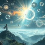 Donna in cima a una montagna con numeri e pianeti nei sogni