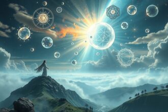 Donna in cima a una montagna con numeri e pianeti nei sogni