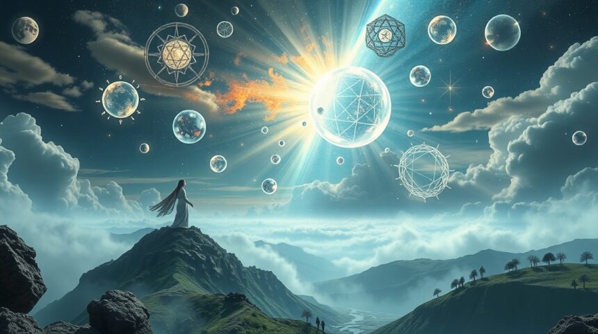 Donna in cima a una montagna con numeri e pianeti nei sogni