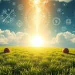 Campo verde rigoglioso con simboli mistici nel cielo