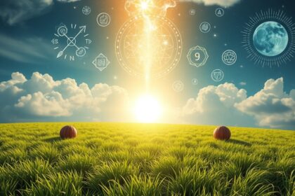 Campo verde rigoglioso con simboli mistici nel cielo