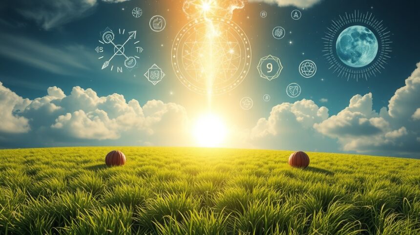 Campo verde rigoglioso con simboli mistici nel cielo