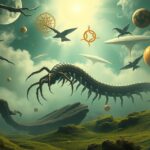 Millepiedi in un paesaggio surreale con simboli cosmici.