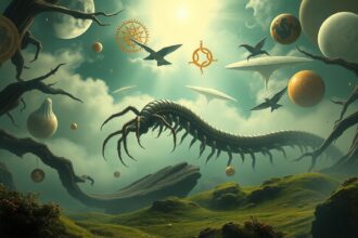 Millepiedi in un paesaggio surreale con simboli cosmici.