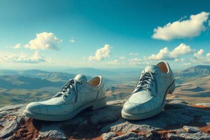 Scarpe di marmo su un picco montano che simboleggiano blocchi interiori