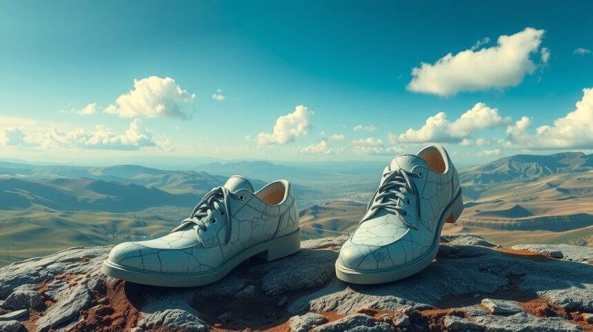 Scarpe di marmo su un picco montano che simboleggiano blocchi interiori