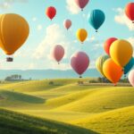 Palloncini colorati volano in cielo su un paesaggio sereno