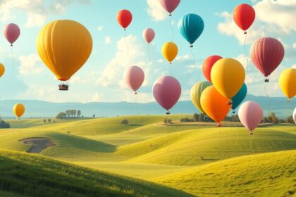 Palloncini colorati volano in cielo su un paesaggio sereno