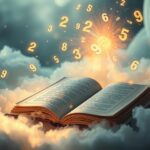 Libro aperto con numeri misteriosi fluttuanti nel cielo.