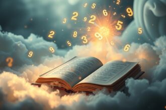 Libro aperto con numeri misteriosi fluttuanti nel cielo.