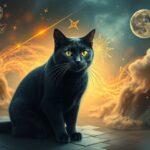 Gatto nero con occhi luminosi in un paesaggio astrale
