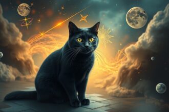 Gatto nero con occhi luminosi in un paesaggio astrale