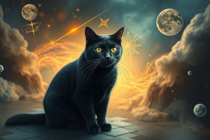 Gatto nero con occhi luminosi in un paesaggio astrale