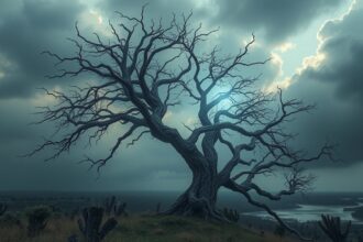 Albero spezzato dal vento simboleggia fragilità e cambiamenti