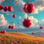 Ciliegie e carote in un paesaggio onirico con fiori