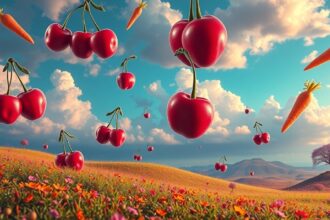 Ciliegie e carote in un paesaggio onirico con fiori