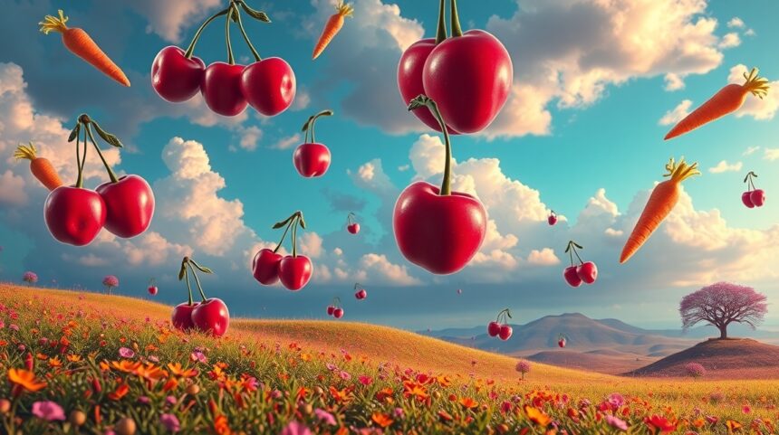 Ciliegie e carote in un paesaggio onirico con fiori