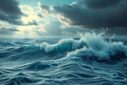 Onde del mare agitato sotto un cielo nuvoloso