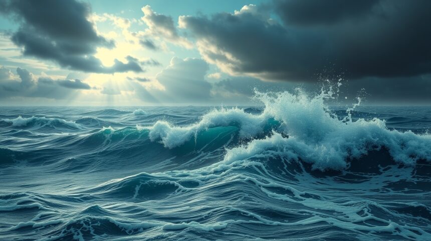 Onde del mare agitato sotto un cielo nuvoloso