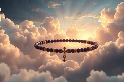 Corona del rosario fluttuante tra le nuvole durante il tramonto