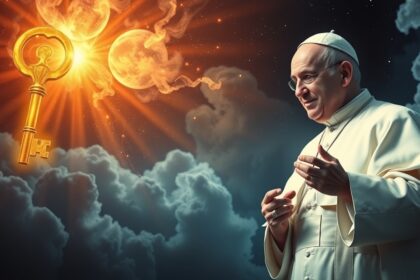 Il Papa con una chiave dorata in un cielo mistico