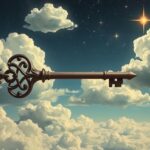 Chiave fluttuante tra nuvole e stelle nel cielo notturno