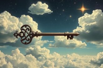 Chiave fluttuante tra nuvole e stelle nel cielo notturno