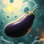 Melanzana fluttuante tra simboli mistici e nuvole nel cielo