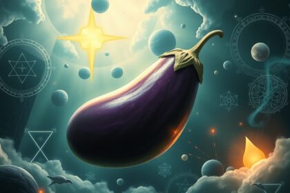 Melanzana fluttuante tra simboli mistici e nuvole nel cielo