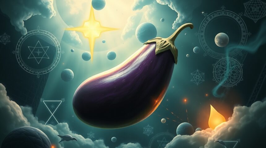 Melanzana fluttuante tra simboli mistici e nuvole nel cielo