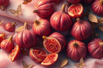 Fichi rossi freschi e fette su una superficie decorativa con farfalle