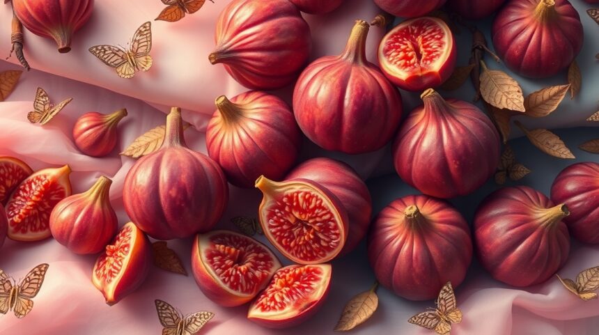 Fichi rossi freschi e fette su una superficie decorativa con farfalle