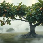 Albero di fichi con frutti maturi in un paesaggio nebbioso