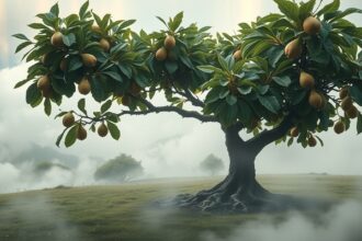 Albero di fichi con frutti maturi in un paesaggio nebbioso