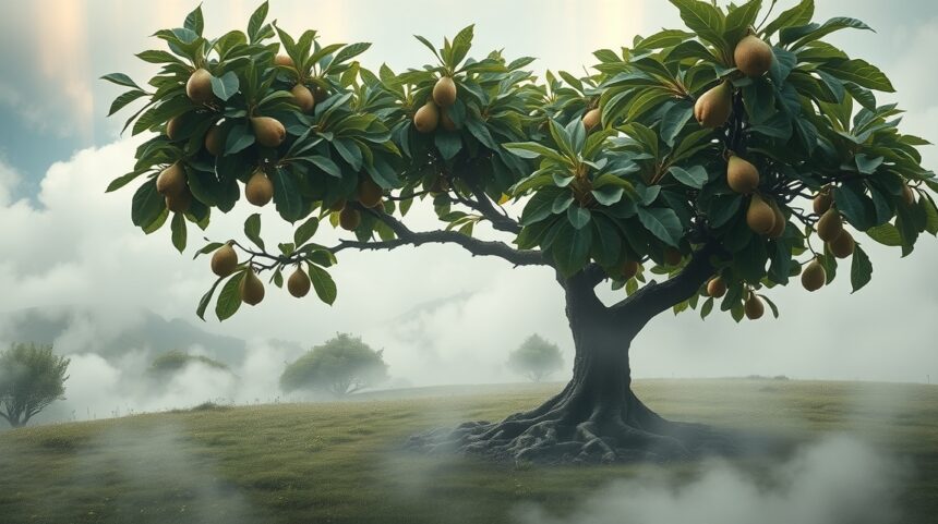 Albero di fichi con frutti maturi in un paesaggio nebbioso