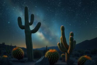 Paesaggio notturno con fichi d'India e cielo stellato